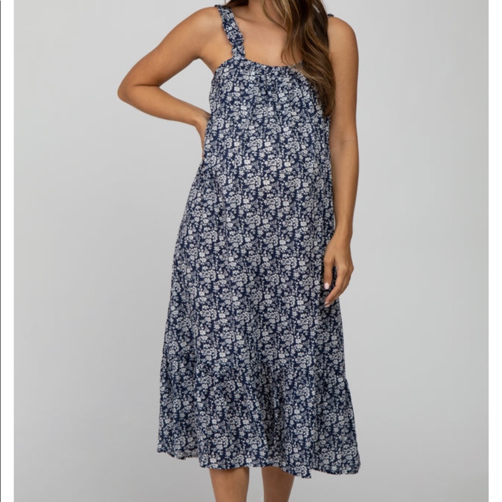Navy floral ruffle strap maternity dress
